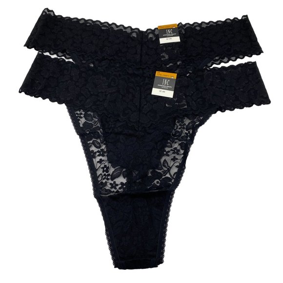 INC floral lace thong panties size 3X Black stretch NEW lot of 2 - Picture 1 of 6